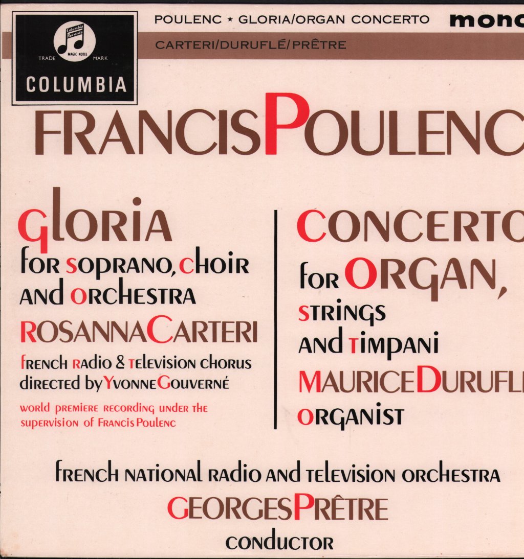 Rosanna Carteri / Maurice Durufle / Georges Pretre / French National Radio And Television Orchestra - Francis Poulenc - Gloria / Concerto For Organ - Lp