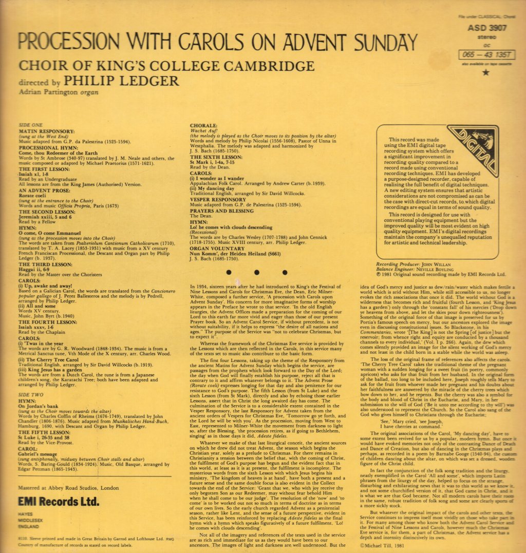 King's College Choir Of Cambridge / Philip Ledger - Procession With Carols On Advent Sunday - Lp