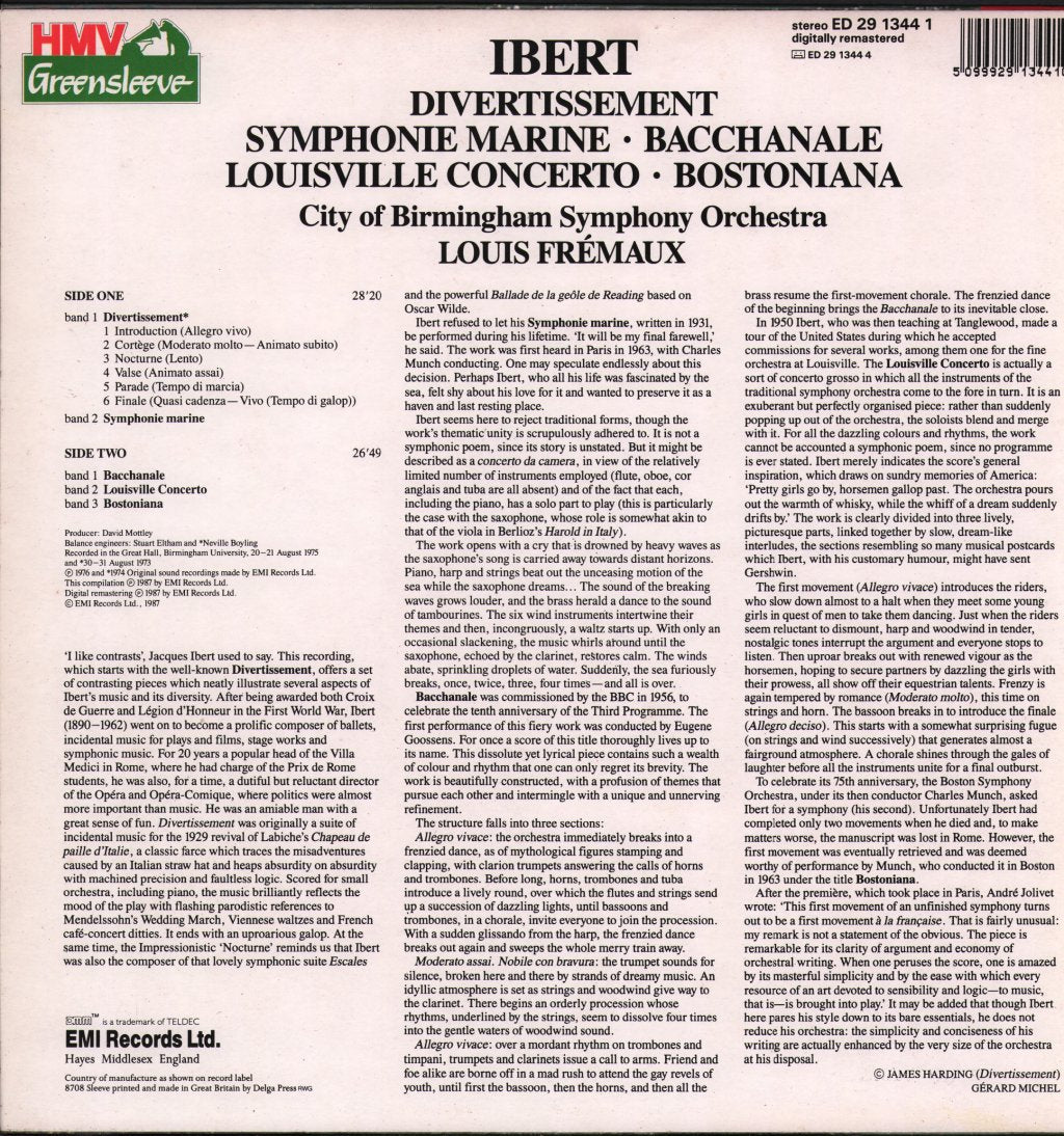 Louis Fremaux / City Of Birmingham Symphony Orchestra - Ibert - Divertissement / Symphonie Marine / Bacchanale - Lp
