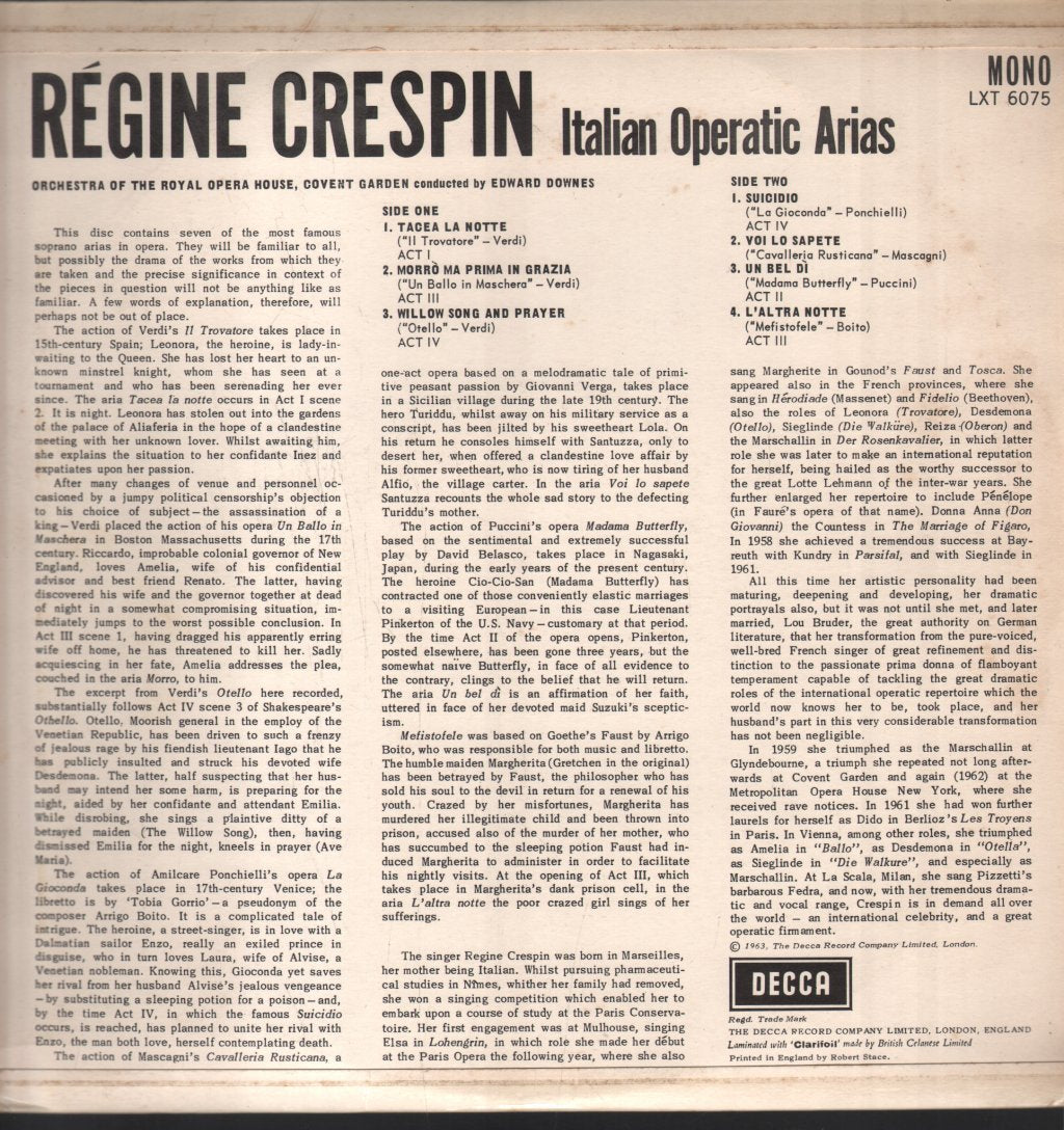Regine Crespin - Italian Operatic Arias - Lp