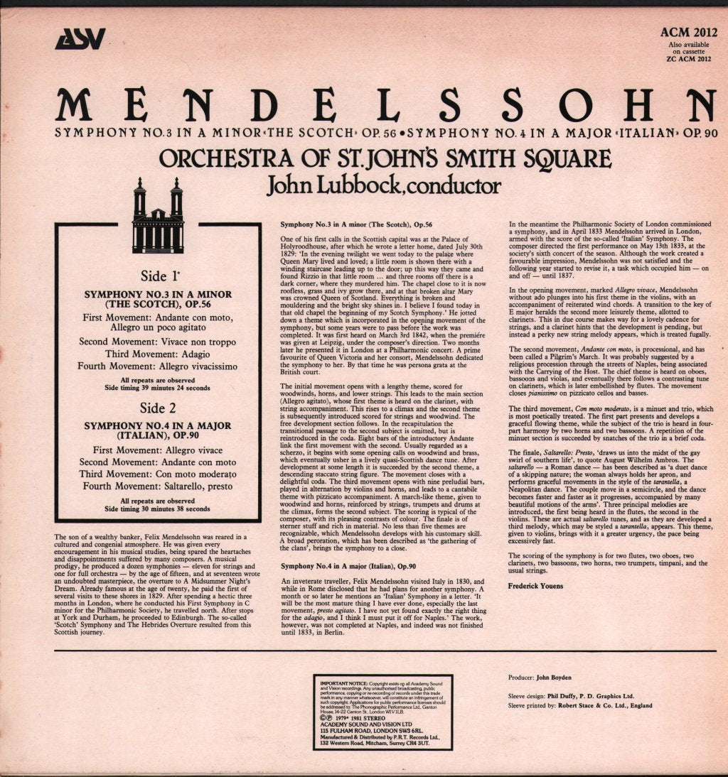 Orchestra Of St. John's Smith Square / John Lubbock - Mendelssohn - Symphony No. 3 In A Minor - Scotch / Symphony No. 4 In A Major - Italian - Lp