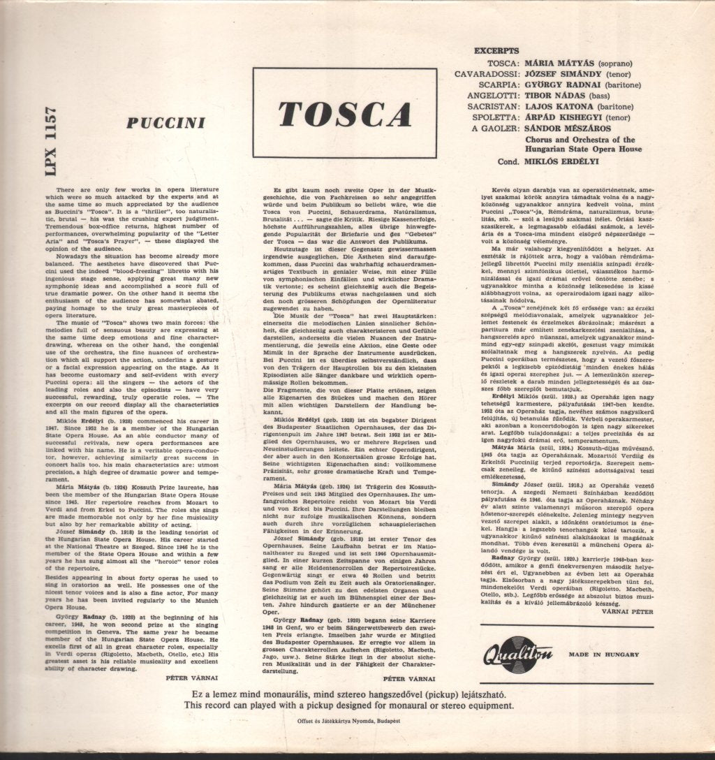 Maria Matyas / Jozsef Simandy / Chorus & Orchestra of the Hungarian State Opera - Puccini - Tosca Excerpts - Lp