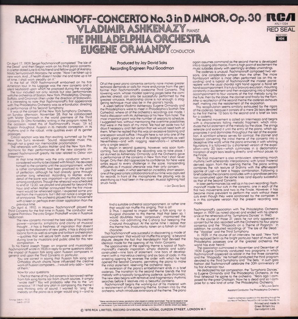 Vladimir Ashkenazy / Eugene Ormandy / Philadelphia Orchestra - Rachmaninoff Concerto No.3 - Lp