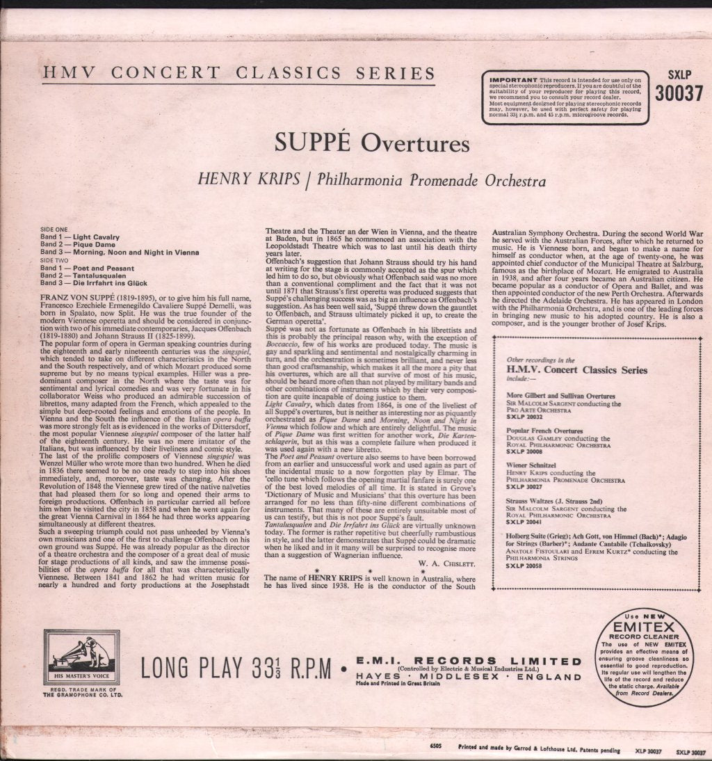 Henry Krips / Philharmonia Promenade Orchestra - Suppe - Overtures - Lp