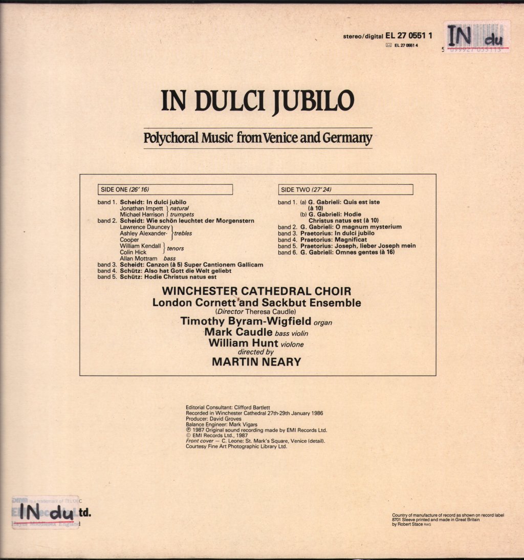 Winchester Cathedral Choir / London Cornett And Sackbut Ensemble / Martin Neary - In Dulci Jubilo - Polychoral Music from Venice and Germany - Lp