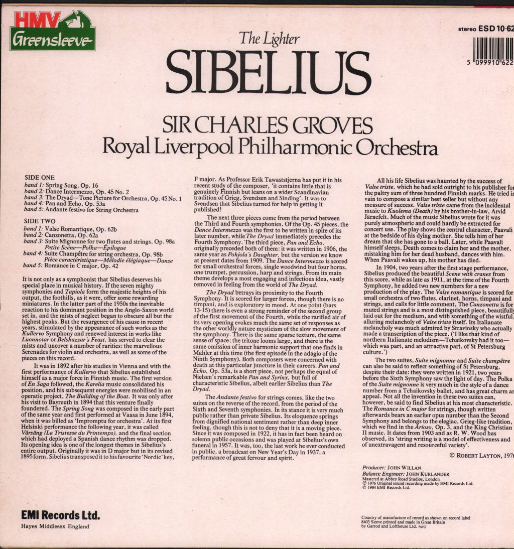 Sir Charles Groves / Royal Liverpool Philharmonic Orchestra - Lighter Sibelius - Lp