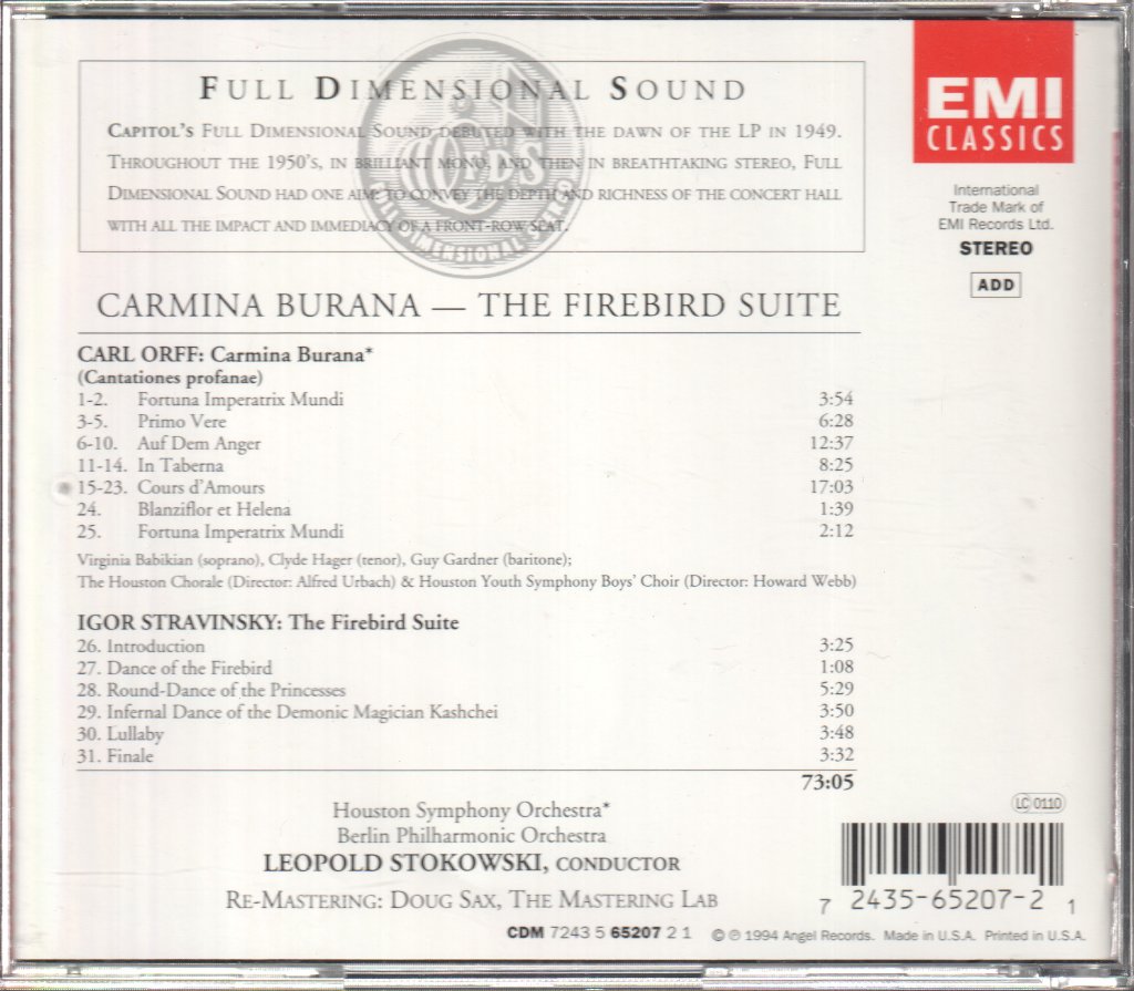 Leopold Stokowski, Houston Symphony Orchestra Berlin Philharmonic Orchestra - Orff / Stravinsky - Carmina Burana / Firebird Suite - Cd