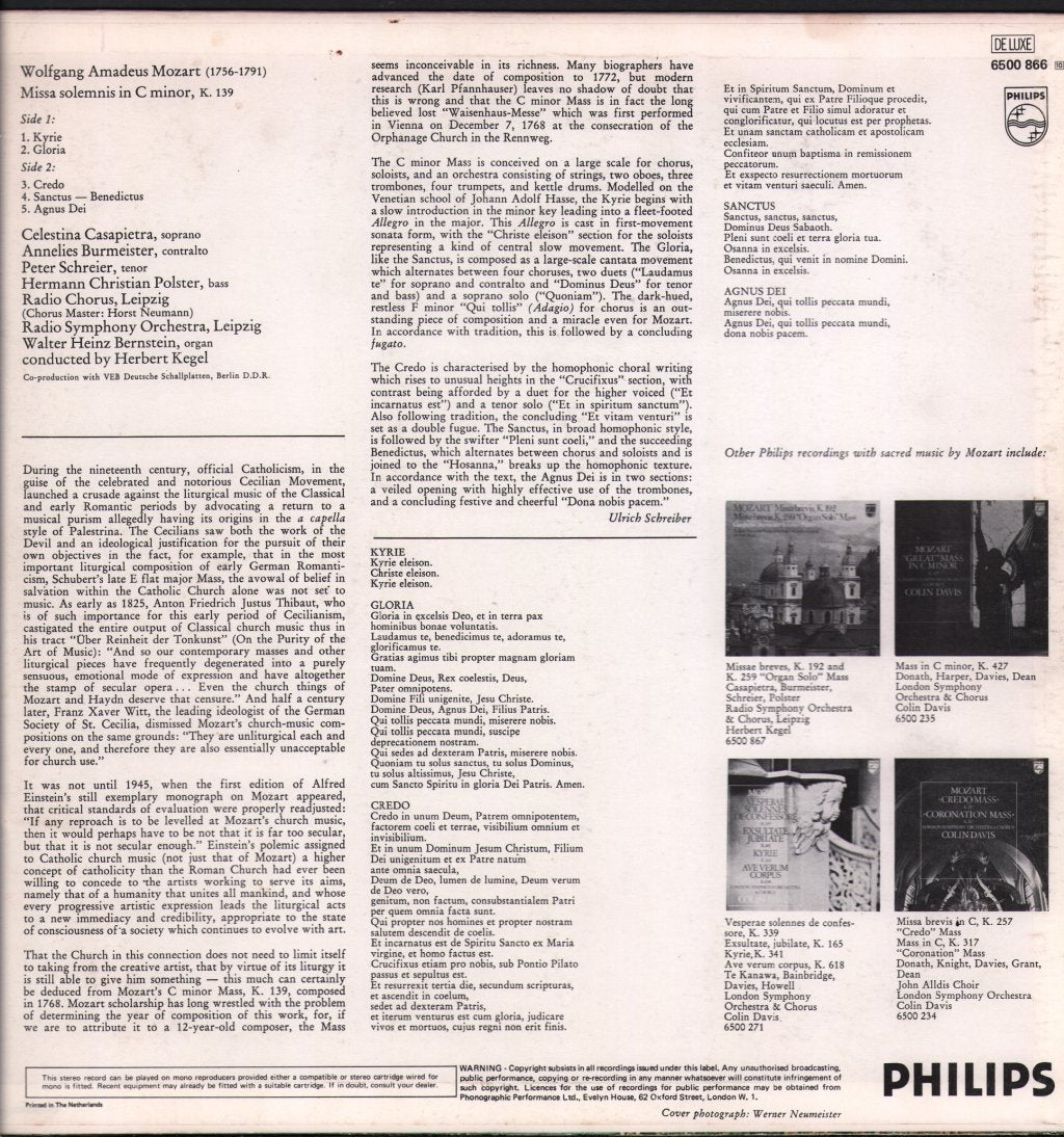 Radio Chorus and Radio Symphony Orchestra Leipzig / Herbert Kegel - Mozart - Missa Solemnis KV 139 - Lp