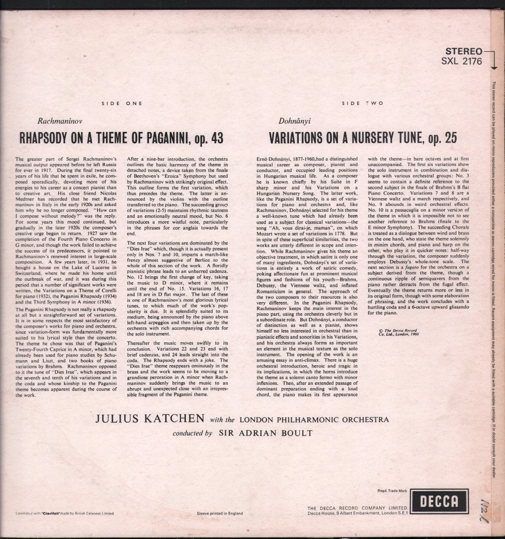 Julius Katchen - Rachmaninov - Rhapsody On A Theme Of Paganini / Dohnanyi - Variations On A Nursery Tune - Lp