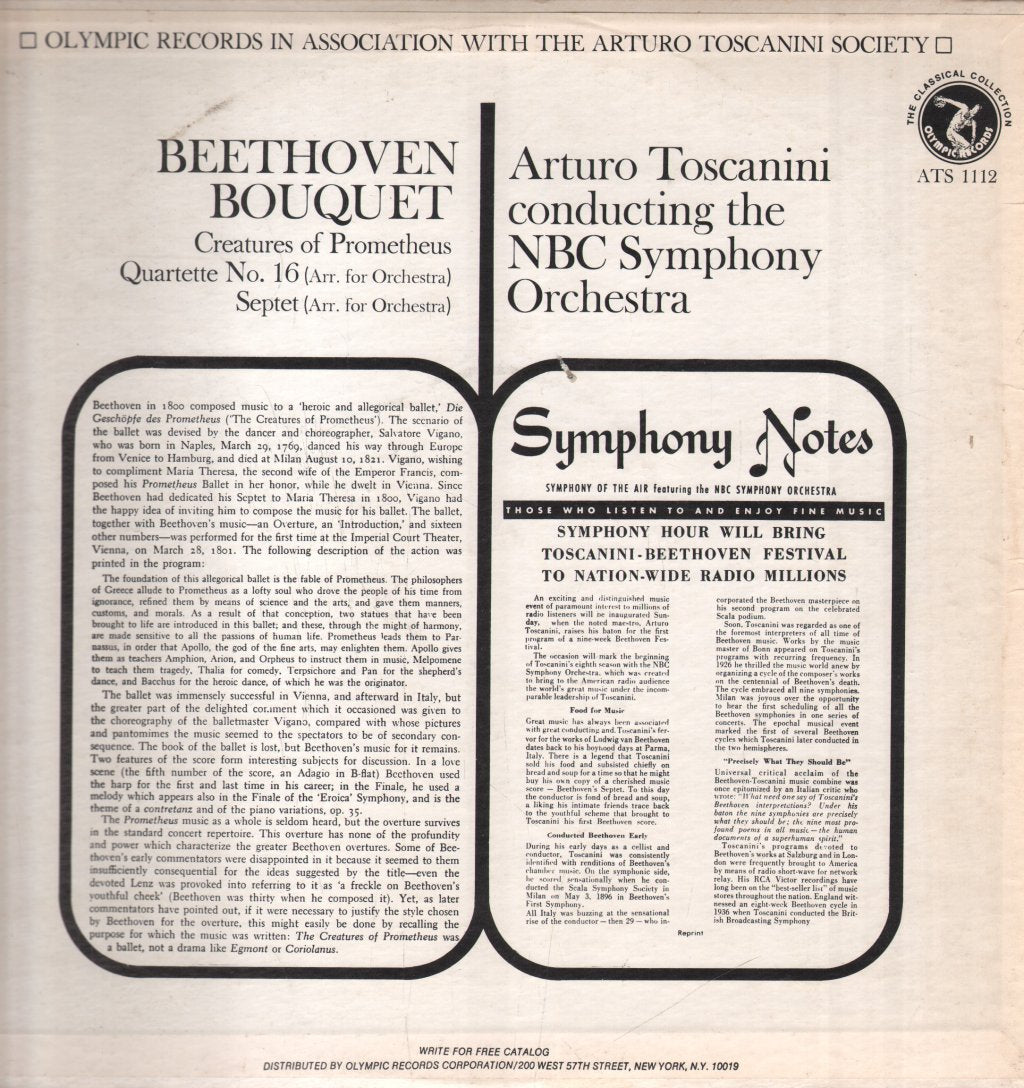 Arturo Toscanini / NBC Symphony Orchestra - Beethoven Bouquet Creatures Of Prometheus Quartette No. 16, Septet - Lp