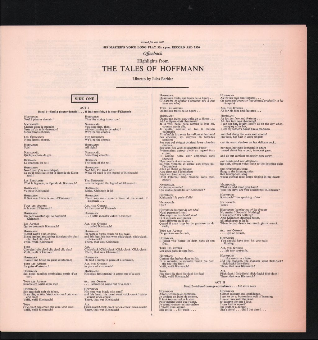 Nicolai Gedda / Gianna D'Angelo / Elisabeth Schwarzkopf / Victoria De Los Angeles / Andre Cluytens - Offenbach - Tales Of Hoffmann Highlights - Lp