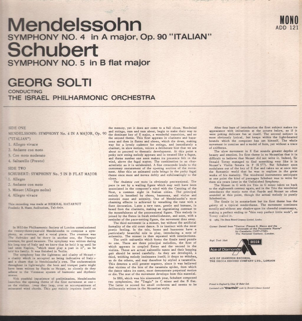 Georg Solti / Israel Philharmonic Orchestra - Mendelssohn - Italian Symphony / Schubert - Symphony No. 5 - Lp