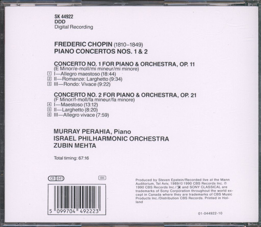Murray Perahia, Israel Philharmonic / Zubin Mehta - Chopin: Piano Concertos Nos. 1 & 2 - Cd