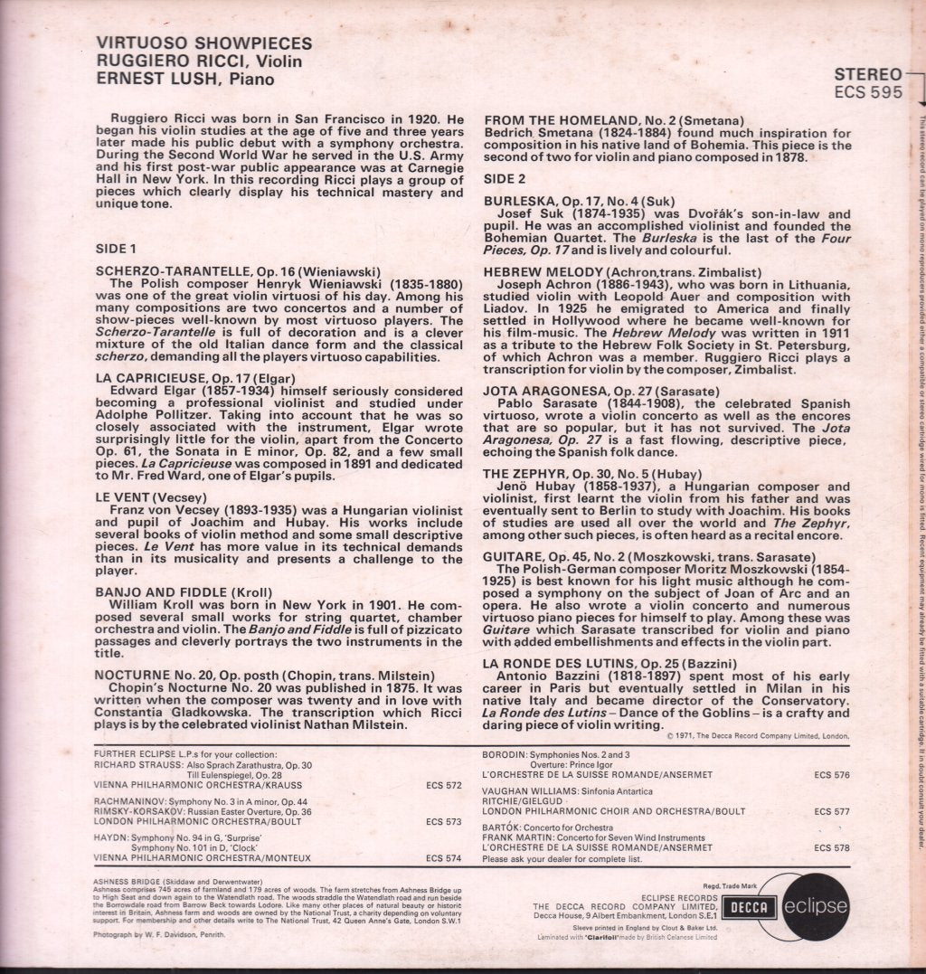 Ruggiero Ricci / Ernest Lush - Virtuoso Showpieces - Lp