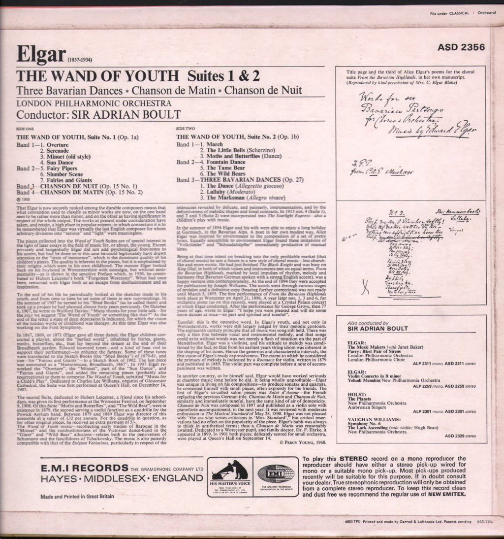 Sir Adrian Boult / London Philharmonic Orchestra - Elgar - Wand Of Youth Suites 1 & 2 - Lp