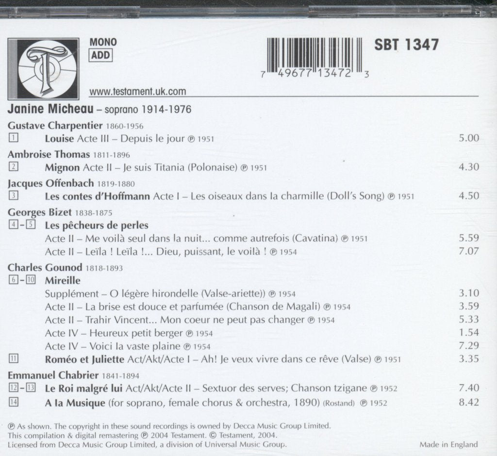 Janine Micheau - French Opera Arias - Cd