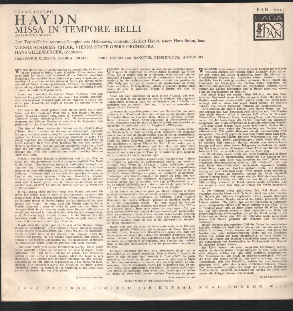 Vienna Academy Choir and State Opera Orchestra / Hans Gillesberger - Haydn - Mass In Time Of War - Lp