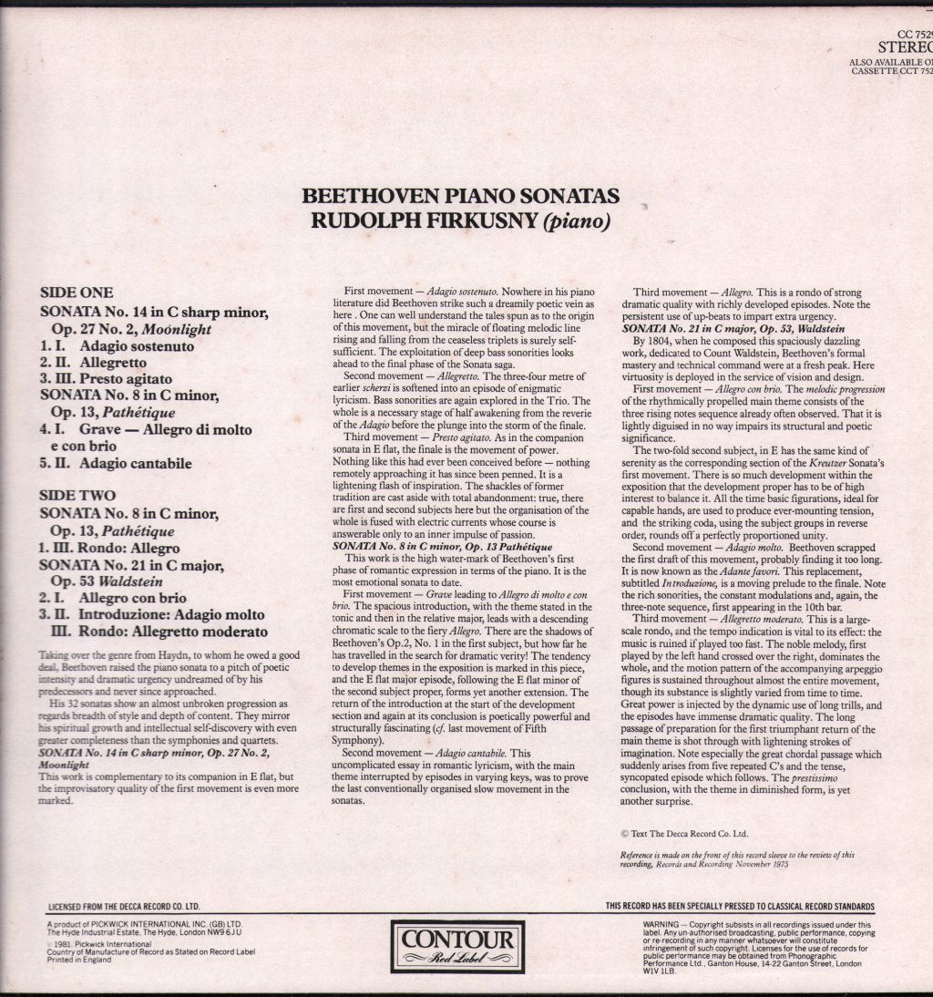 Rudolf Firkusny - Beethoven Piano Sonatas (Moonlight • Pathetique • Waldstein) - Lp