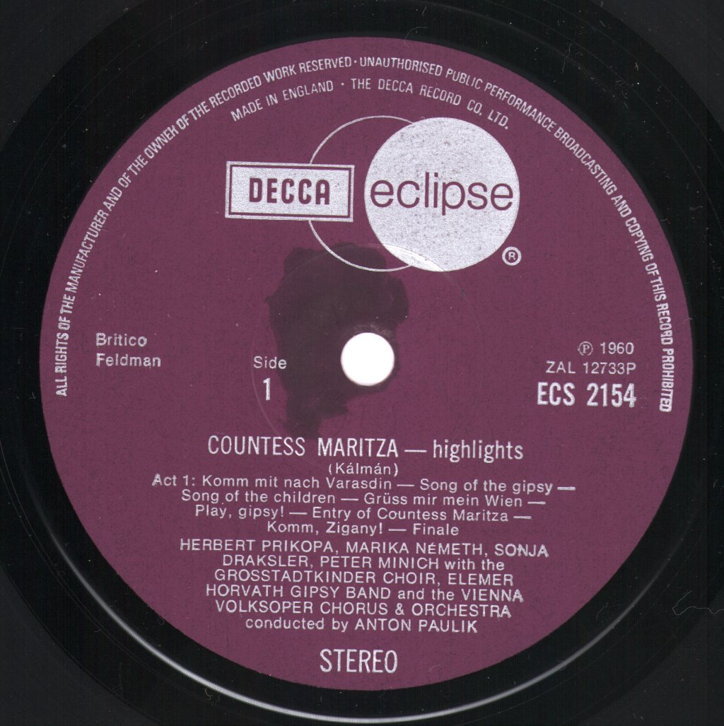 Vienna Volksoper Chorus & Orchestra / Anton Paulik - Kalman - Countess Maritza - Highlights - Lp