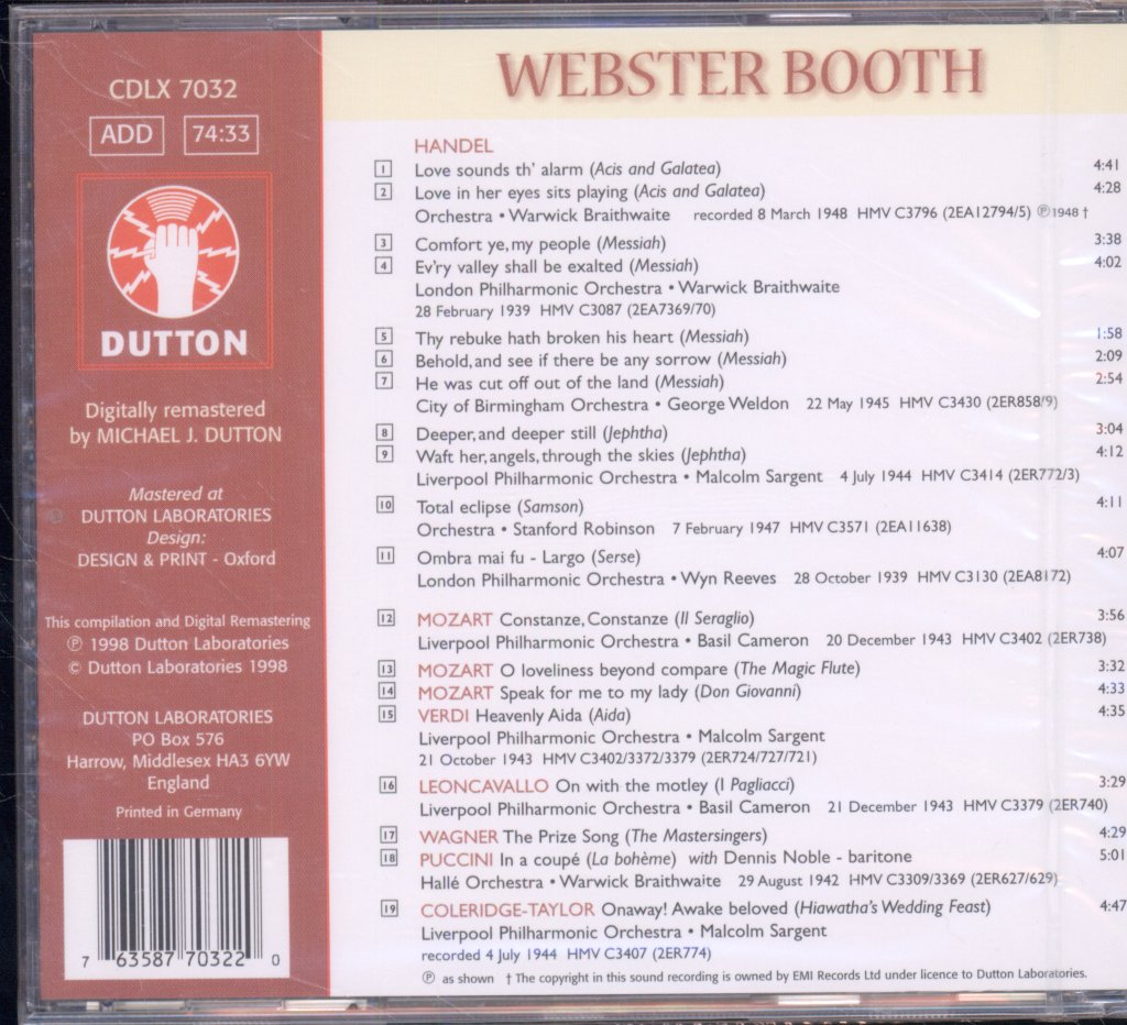 Webster Booth - Handel Arias / Operatic Arias - Cd