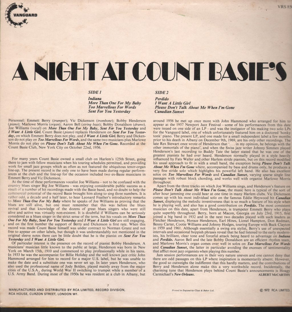 Count Basies All Stars With Joe Williams - A Night At Count Basie's - Lp