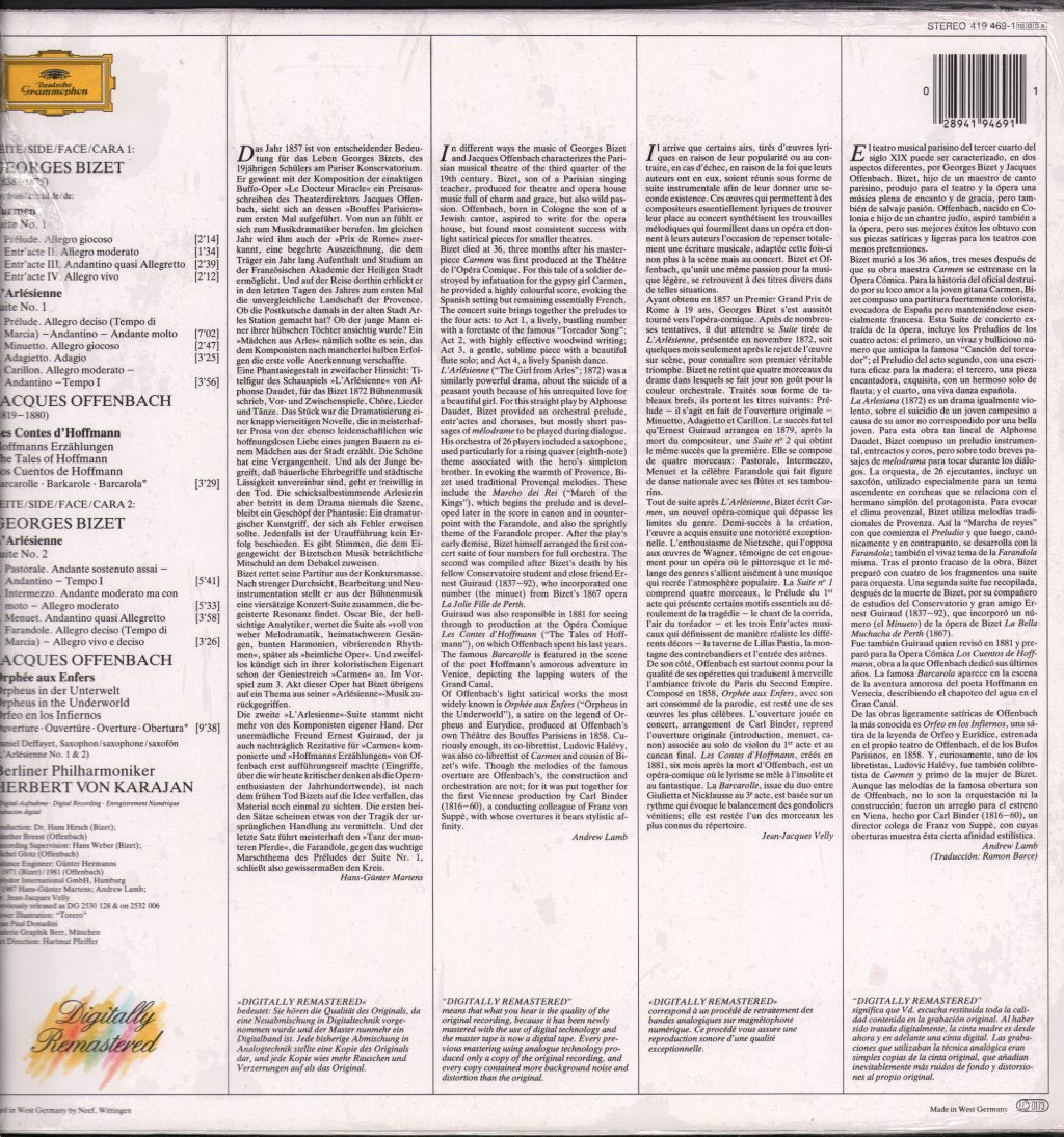 Herbert Von Karajan / Berlin Philharmonic Orchestra - Bizet - Carmen-Suite Nr. 1, L'Arlésienne-Suiten Nr. 1 & 2, Offenbach - Barkarole, Ouvertüre "Orpheus In Der Unterwelt" - Lp