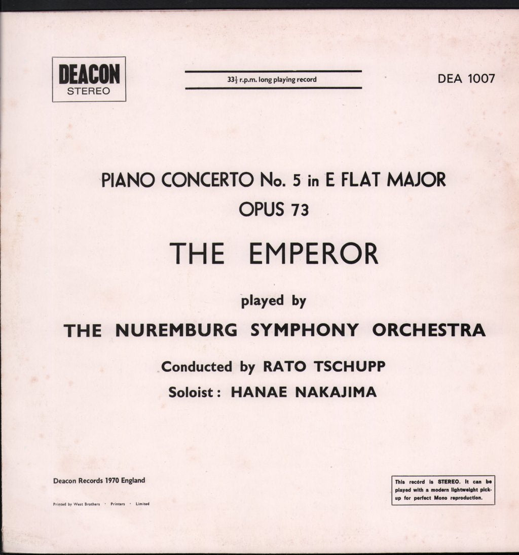Nuremburg Symphony Orchestra / Rato Tschupp - Ludwig van Beethoven - Emperor Concerto No. 5 In E Flat Major - Lp