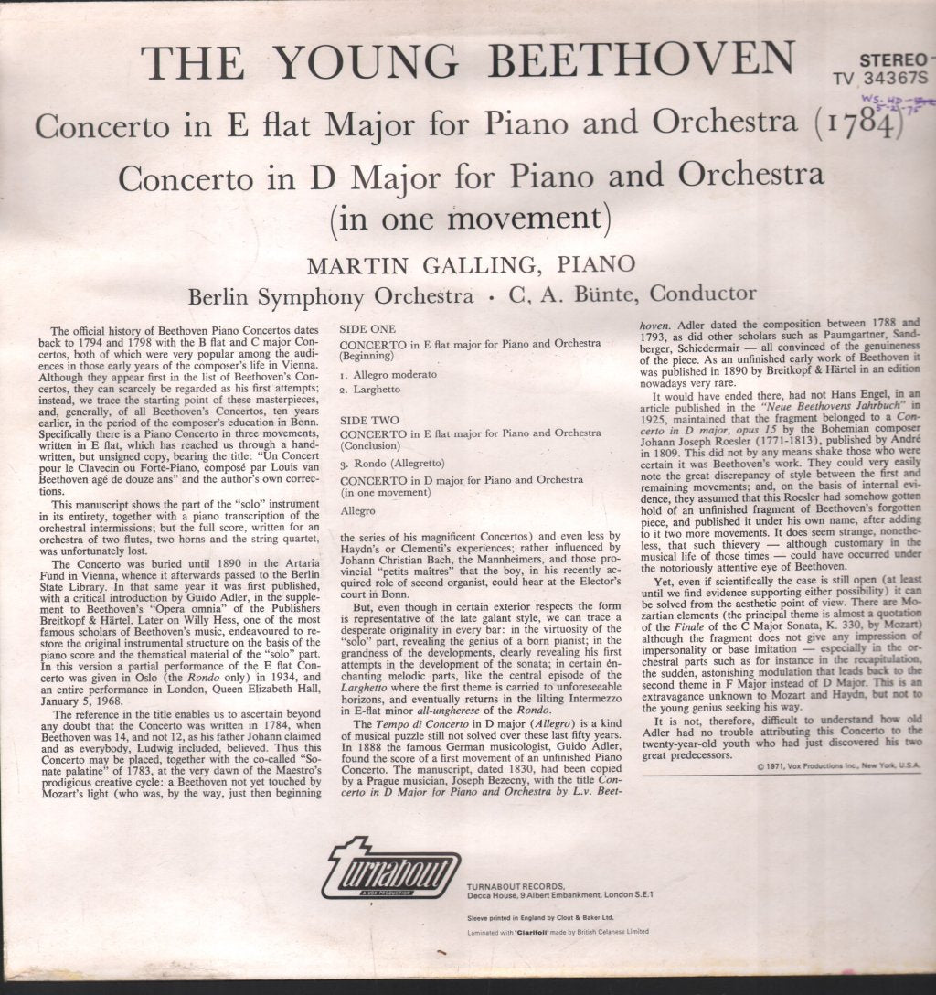 Martin Galling / Berlin Symphony Orchestra / C.A. Bunte - Young Beethoven - Lp
