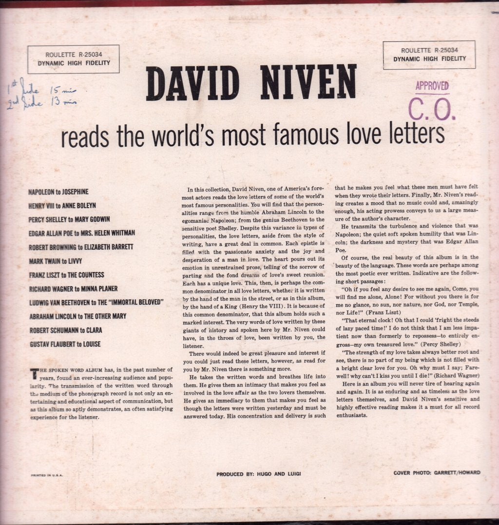 David Niven - Reads The World's Most Famous Love Letters - Lp