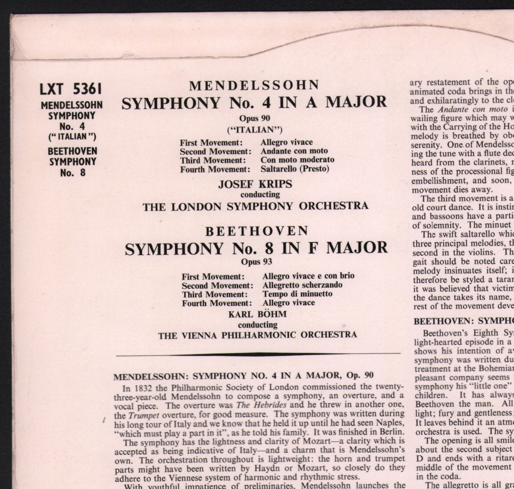 Josef Krips / London Symphony Orchestra / Karl Bohm  / Vienna Philharmonic Orchestra - Mendelssohn - Symphony No. 4 in A Major "Italian" / Beethoven - Symphony No. 8 in F Major - Lp