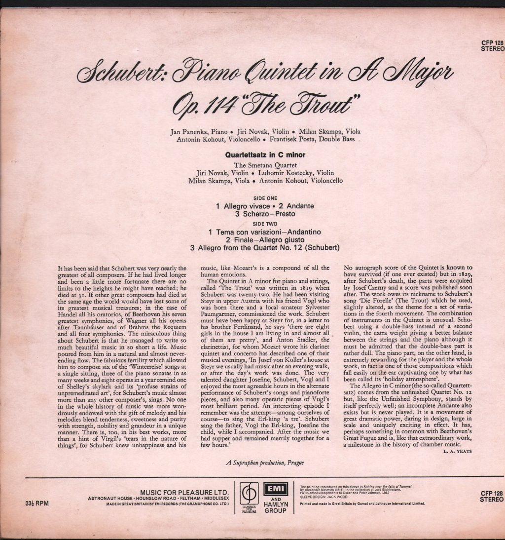 Smetana Quartet / Jan Panenka - Franz Schubert - Piano Quintet In A Major Op.114 "The Trout" - Lp