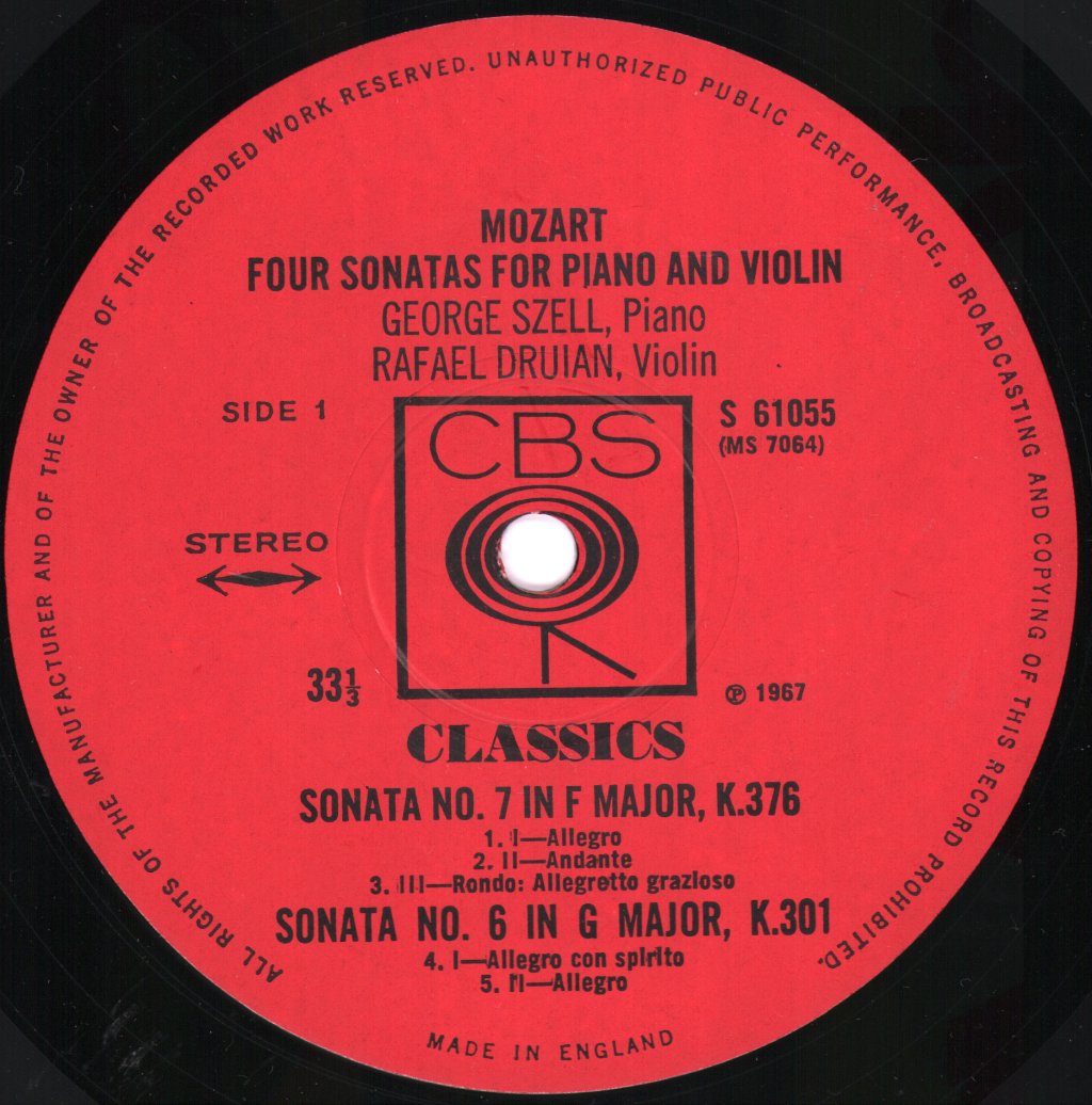 George Szell / Rafael Druian - Mozart - Four Sonatas For Piano And Violin - Lp