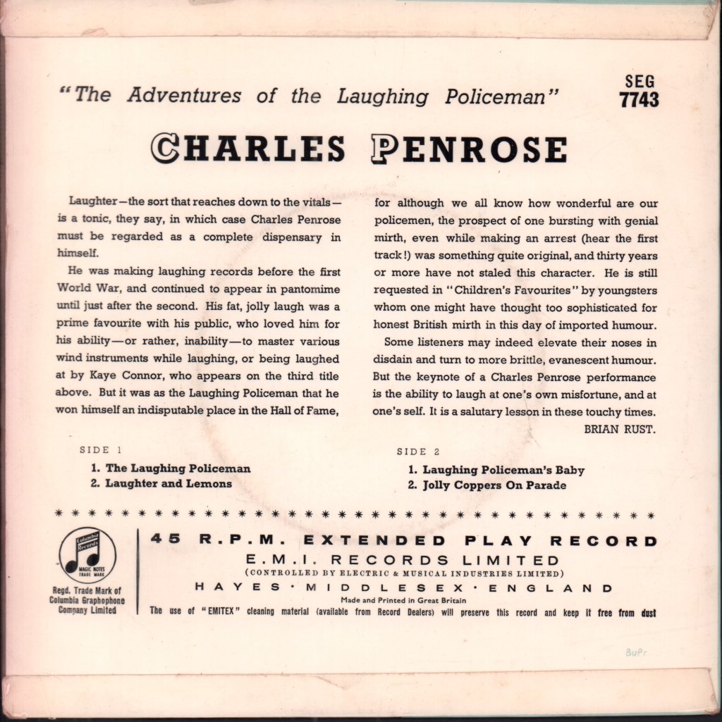 Charles Penrose - Adventures Of The Laughing Policeman - 7 Inch