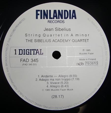 Sibelius Academy Quartet - sibelius String Quartets A Minor / B Flat Major - Lp