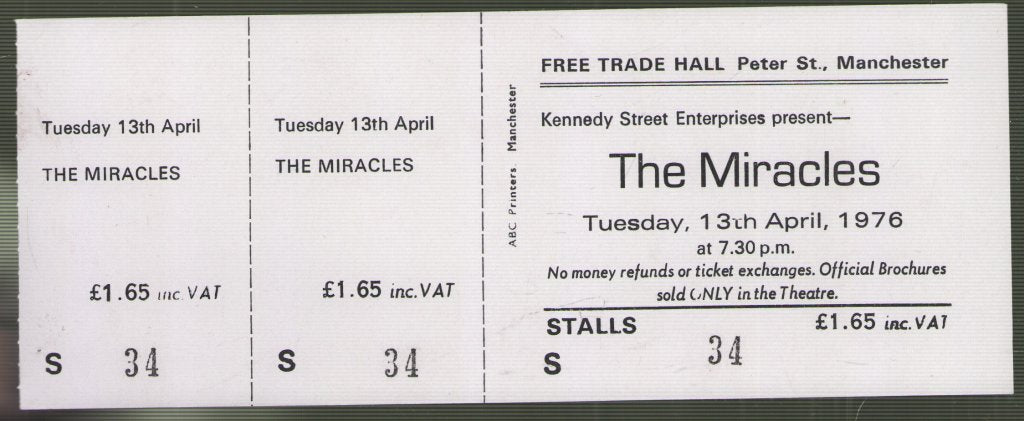 Miracles - Free Trade Hall Manchester 13Th April 1976 - Ticket