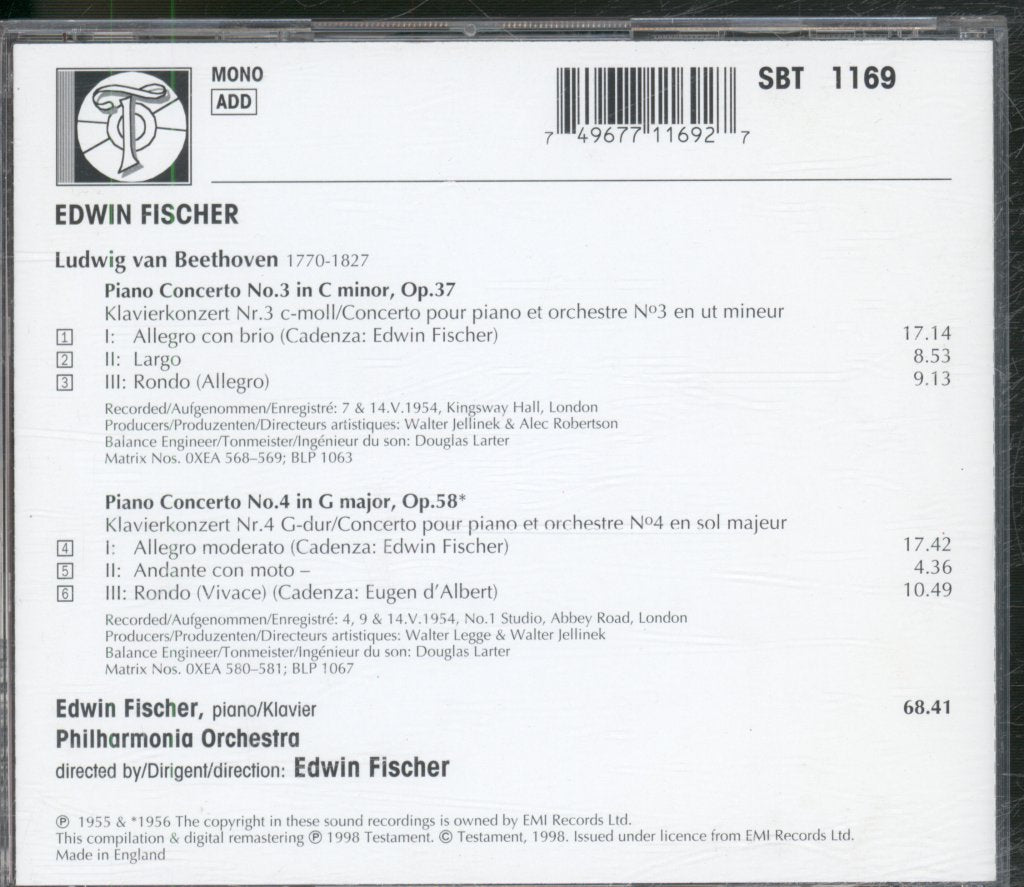 Edwin Fischer, Philharmonia Orchestra - Beethoven - Piano Concertos 3 & 4 - Cd