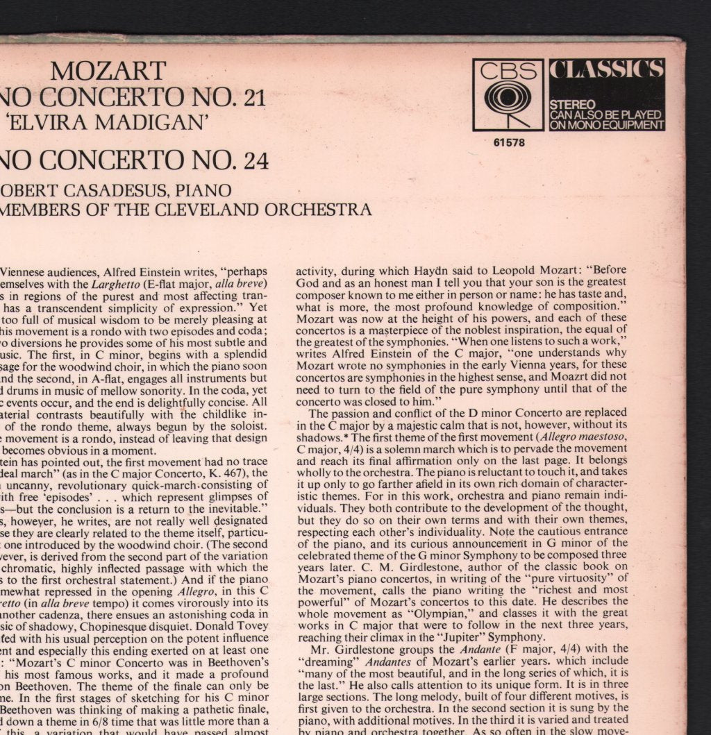 Robert Casadesus / George Szell / Cleveland Orchestra - Mozart - Piano Concerto No. 21 'Elvira Madigan' / Piano Concerto No. 24 - Lp