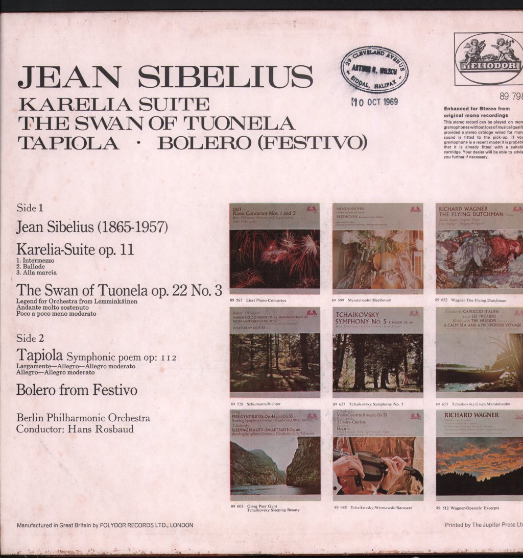Berlin Philharmonic Orchestra / Hans Rosbaud - Sibelius - Karelia-Suite / The Schwan of Tuonela / Tapiola / Bolero - Lp