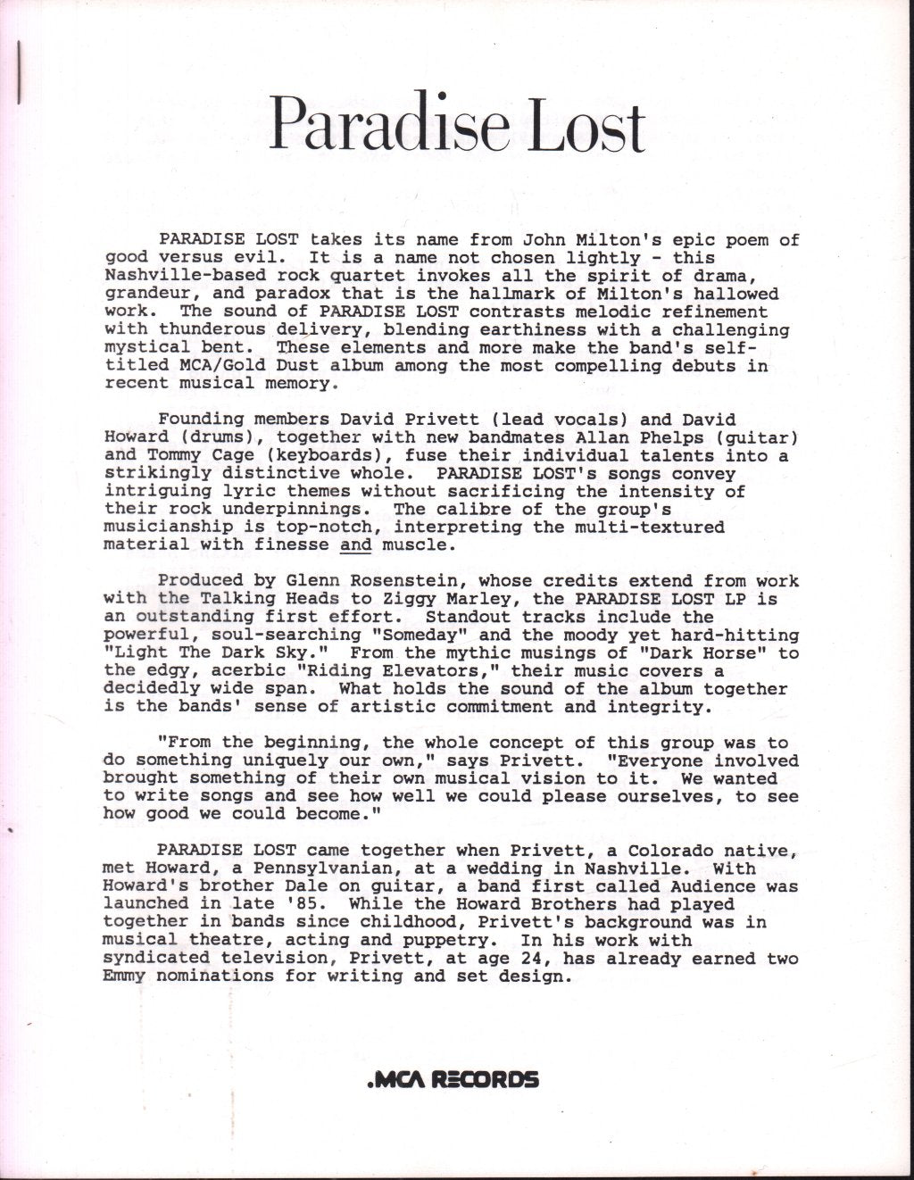 Paradise Lost (Usa) - Paradise Lost - Press Release