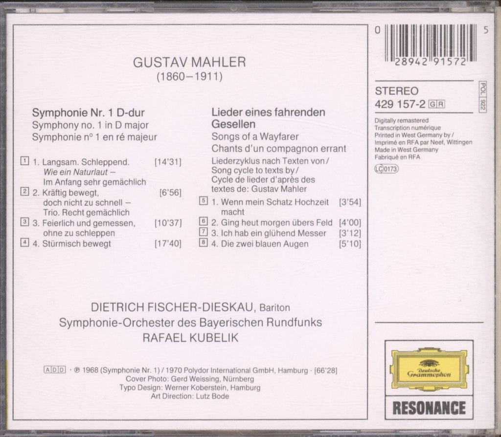 Dietrich Fischer-Dieskau, Rafael Kubelik - Mahler - Symphony No. 1 / Songs Of A Wayfarer = Lieder Eines Fahrenden Gesellen - Cd