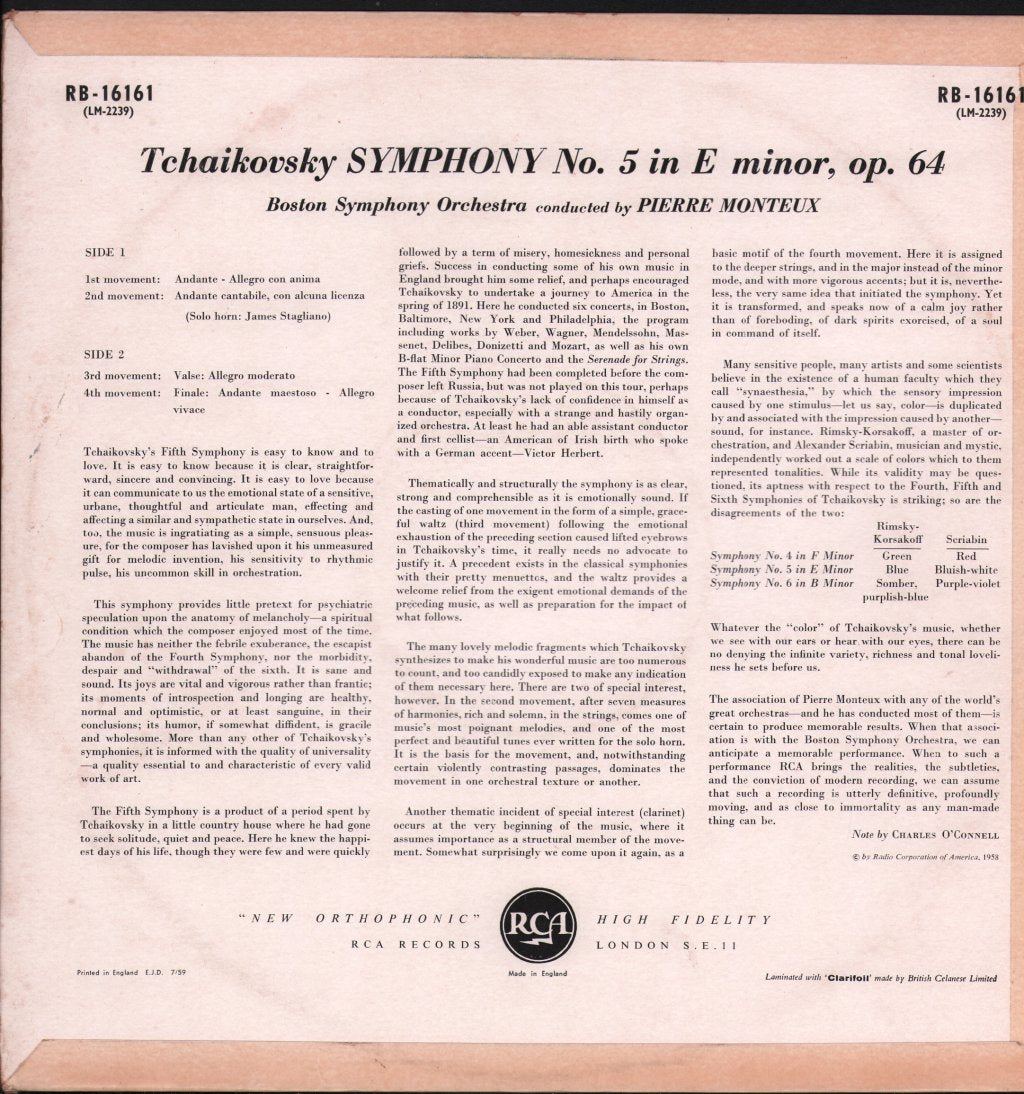 Pierre Monteux / Boston Symphony Orchestra - Tchaikovsky - Symphony No.5 - Lp