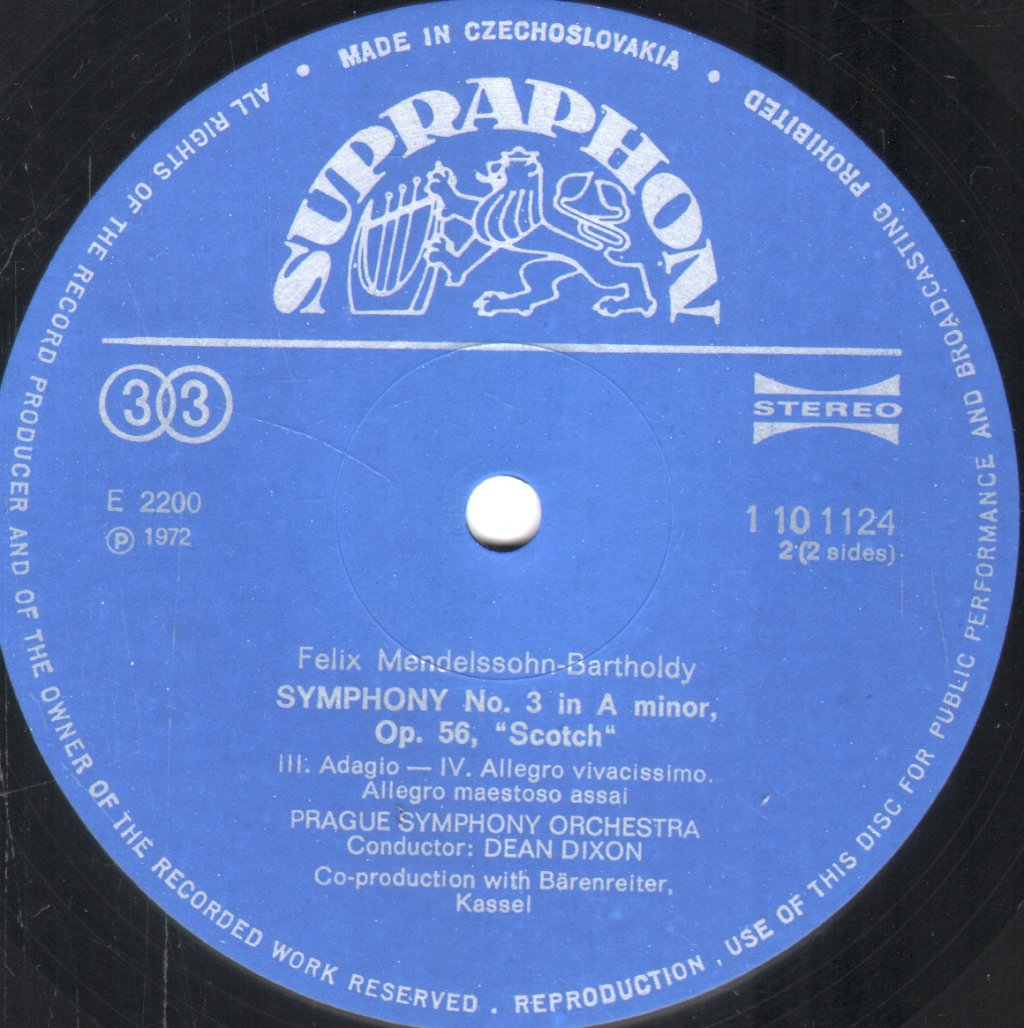 Prague Symphony Orchestra / Dean Dixon - Mendelssohn - Symphony No. 3 In A Minor "Scotch" - Lp