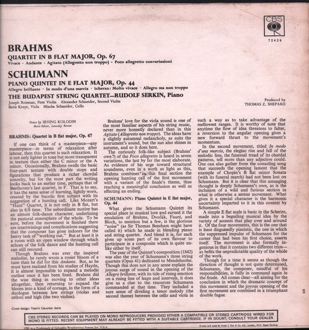 Budapest String Quartet / Rudolf Serkin - Schumann - Piano Quintet In E Flat Opus 44 / Brahms - String Quartet No. 3 In B Flat Opus 67 - Lp