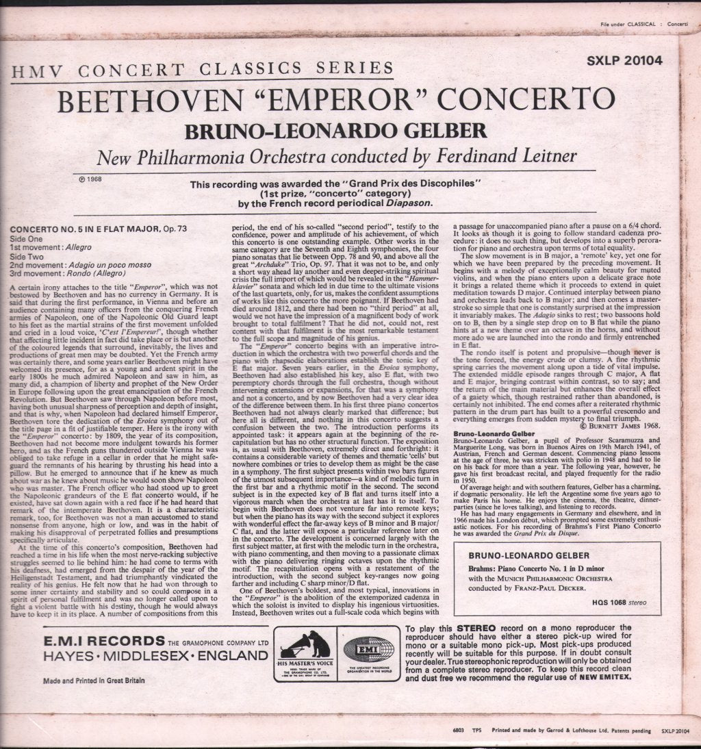 Bruno-Leonardo Gelber / New Philharmonia Orchestra / Ferdinand Leitner - Beethoven - 'Emperor' Concerto - Lp