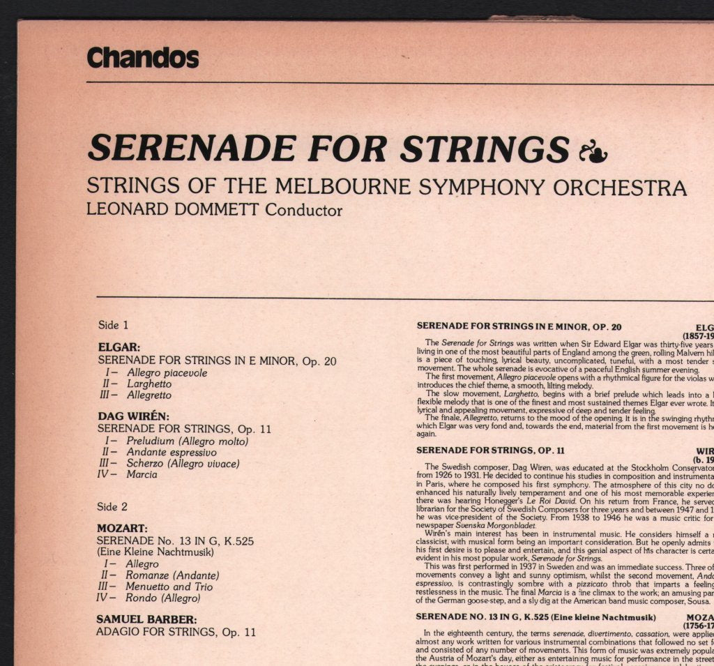 Strings Of The Melbourne Symphony Orchestra / Leonard Dommett - Serenade For Strings - Lp