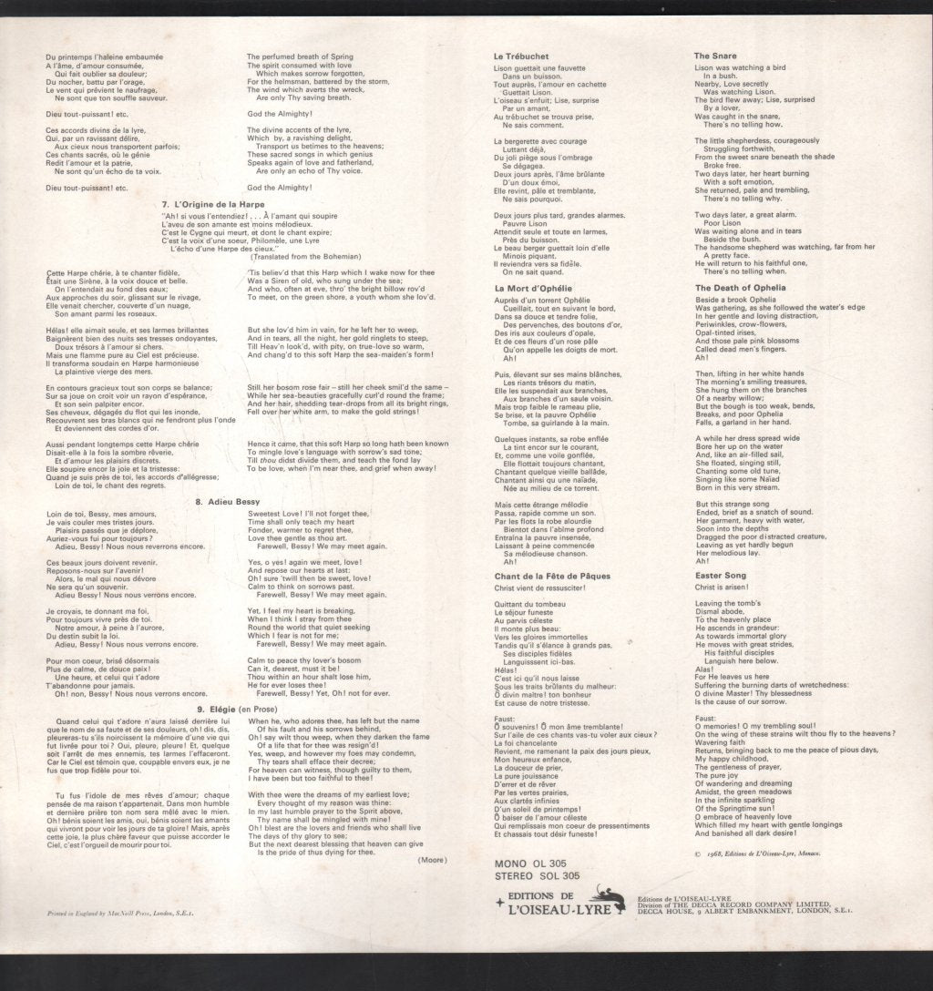 April Cantelo / Helen Watts / Robert Tear / Viola Tunnard / Monteverdi Choir - Berlioz - Irlande - Neuf Mélodies Op. 2 / Le Trébuchet / La Mort D'Ophélie / Chant De La Fête De Pâques - Lp