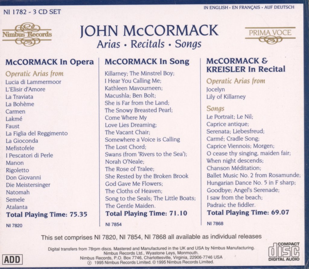 John McCormack - Arias Recitals Songs - Triple Cd