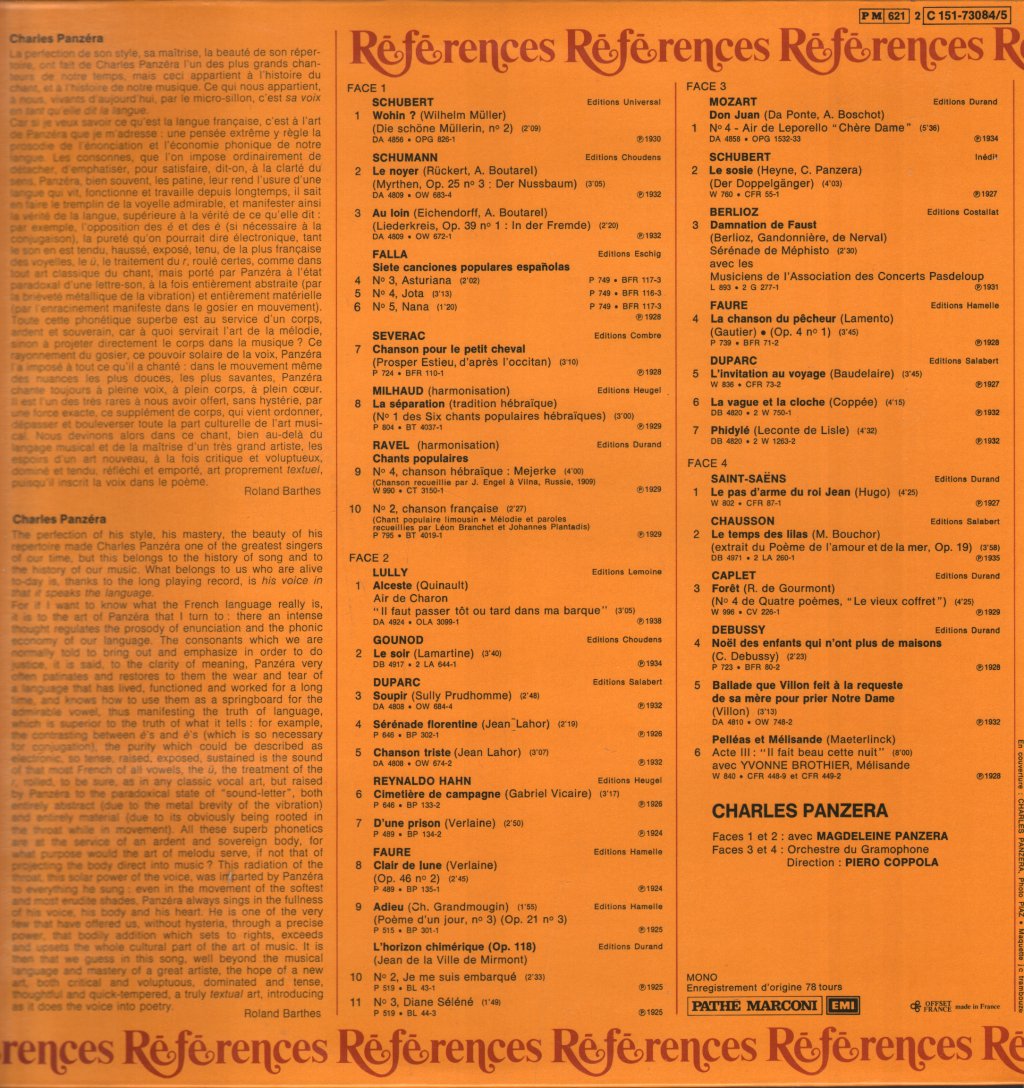 Charles Panzera - Mélodies Et Airs - Double Lp
