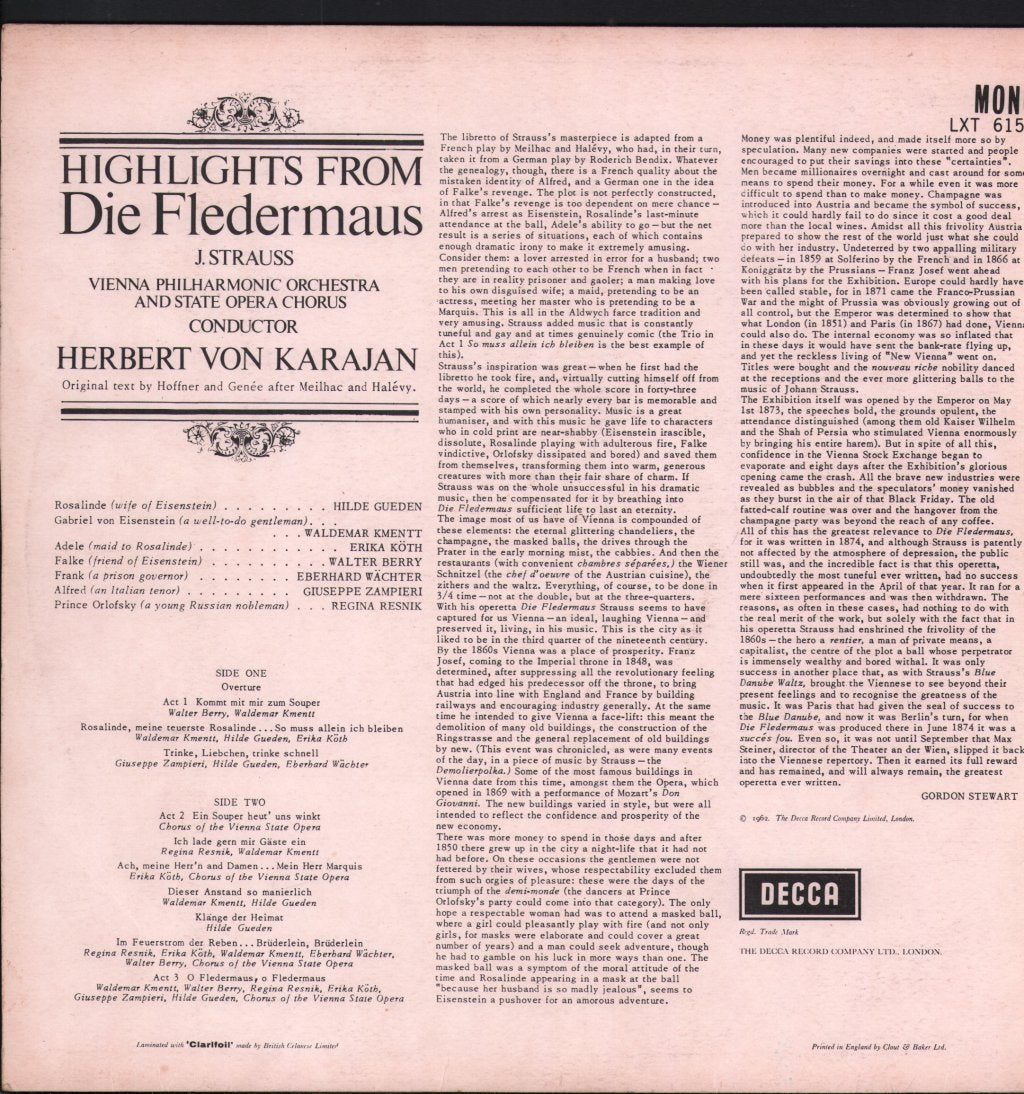 Hilde Gueden / Waldemar Kmentt / Erika Koth / Regina Resnik / Vienna Philharmonic Orchestra / Herbert Von Karajan - Johann Strauss - Die Fledermaus (Highlights) - Lp