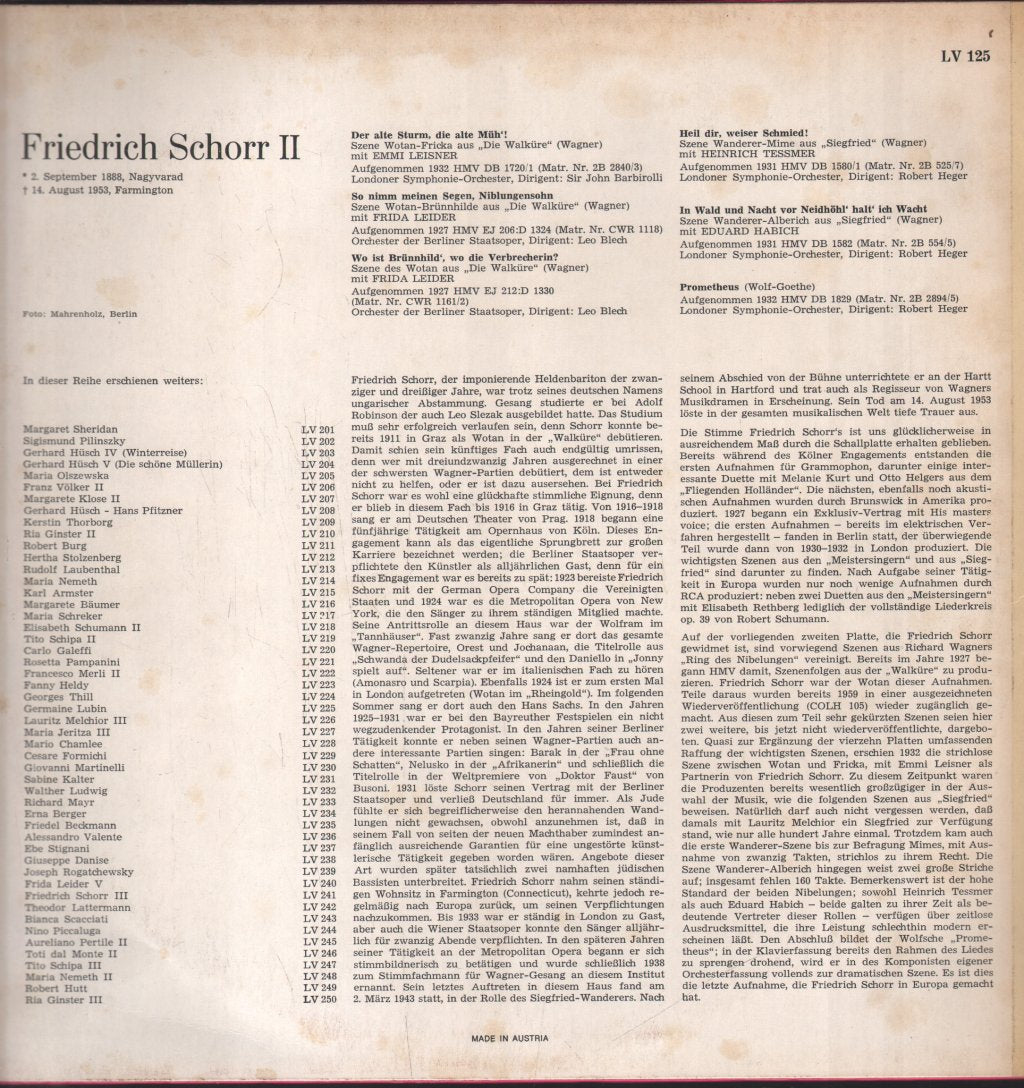Friedrich Schorr - Lebendige Vergangenheit - Friedrich Schorr II - Lp
